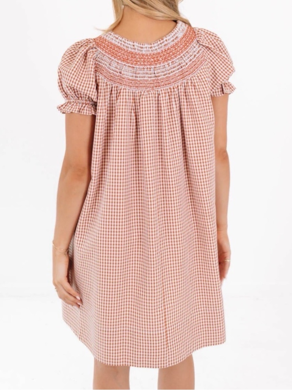 NWT J Marie Logan Gingham Smocked Puff Sleeve Mini Dress Burnt Orange S - Picture 2 of 10